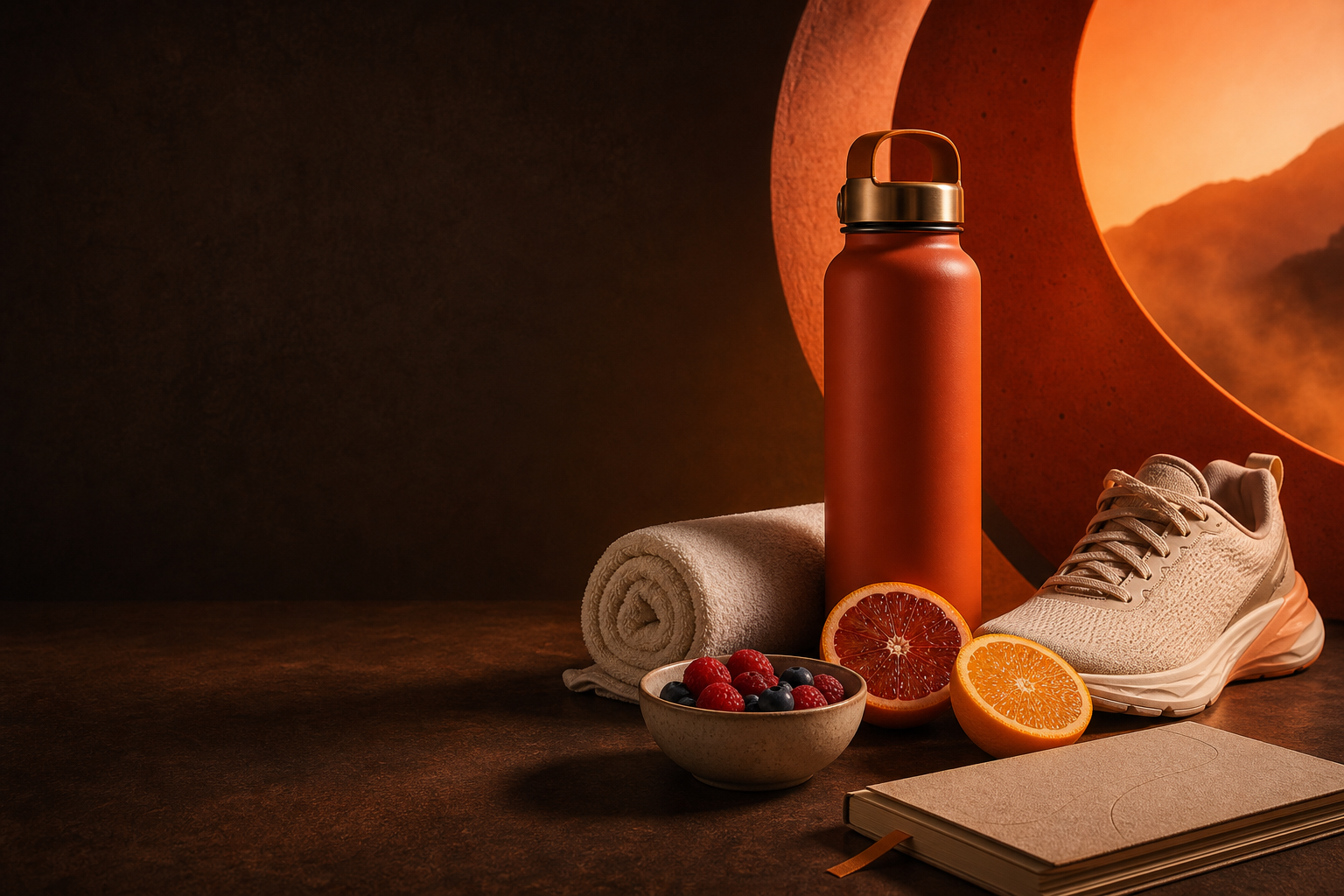 BurnTonic wellness essentials arranged in warm ember light